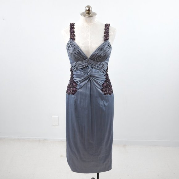 Vintage 90s M Ruched Satin Cocktail Midi Dress - Picture 11 of 11